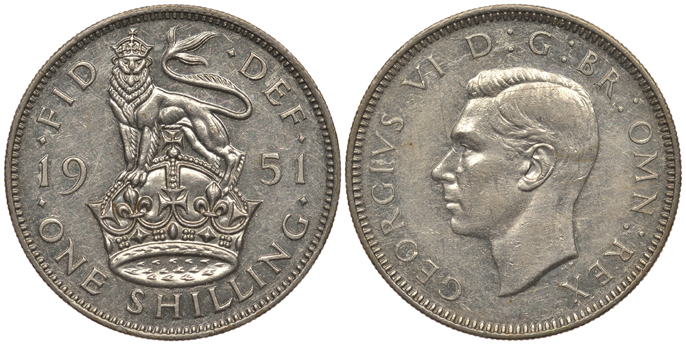Великобритания 1 шиллинг 1951 Георг VI (1936-1952), Английский герб KM 876, Spink 4108 медно-никель 1082-3-21