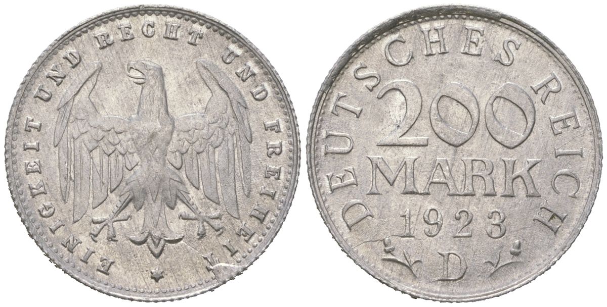 Германия 200 марок 1923 D KM 35 алюминий aUNC 31-1122