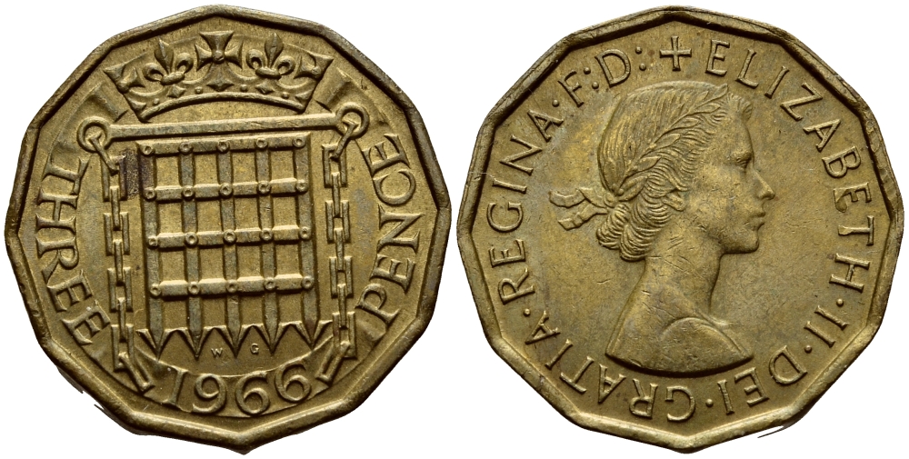 Великобритания 3 пенса 1966 Елизавета II (1952-2022) KM 900, Spink 4153 никель латунь 4393-113