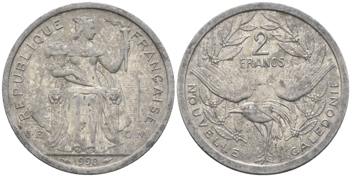 Французская Новая Каледония 2 франка 1990 птица кагу, (IEOM) KM 14, Schoen 11, Lec 66 алюминий    24-857