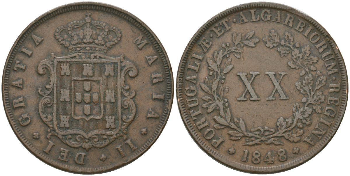 Португалия 20 реалов 1848 Мария II (1834-1853) KM 482 медь    4552-525