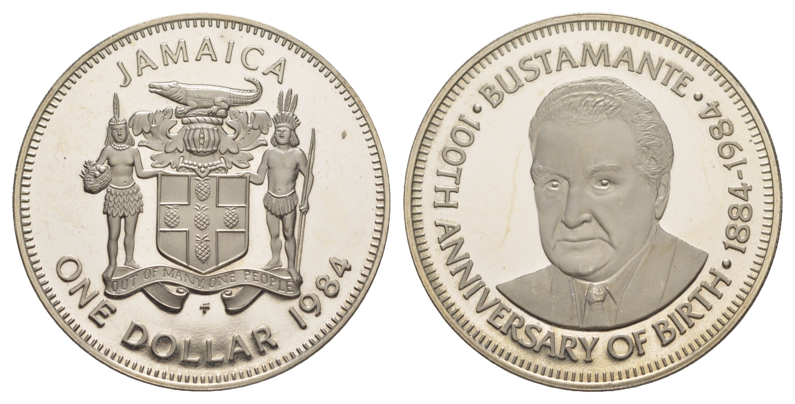 Ямайка 1 доллар 1984 100 лет со дня рождения Александра Бустаманте, тираж 268 экземпляров KM 113 медно-никель PROOF 1521-434