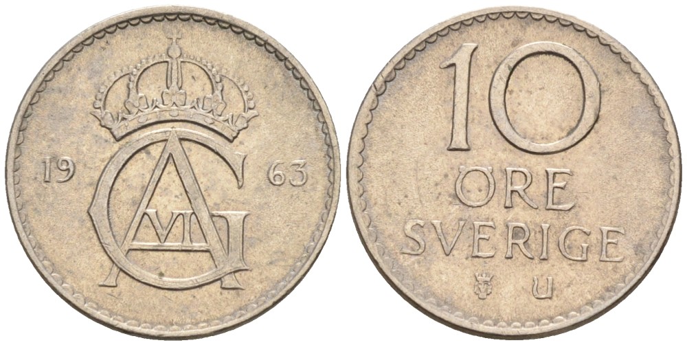 Швеция 10 эре 1963 U, Густав VI Адольф (1950-1973) KM 835 медно-никель 192-154