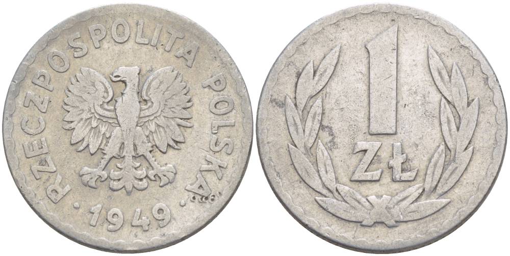 ПОЛЬША 1 ЗЛОТЫЙ 1949 MW KM 45а алюминий 4551-1043