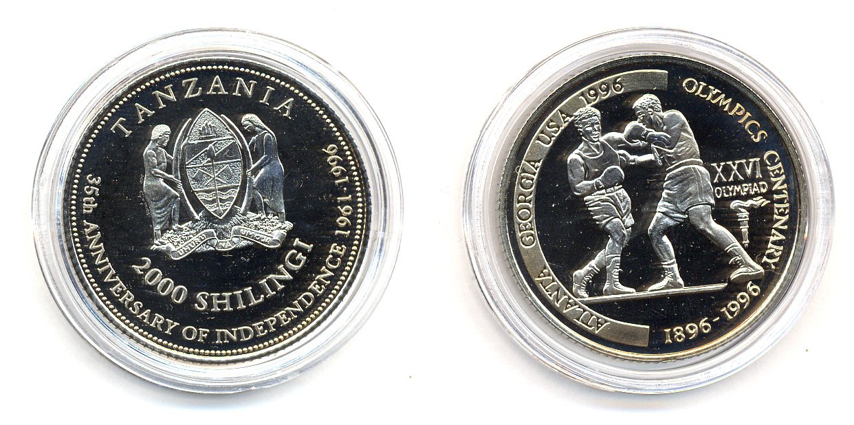 Танзания 2000 шиллингов 1996 XXVI Олимпийские игры 1996 года в Атланте, 100 лет Олимпийскому движению, боксеры, пробник, рубчатый гурт медно-никель PROOF 06-157-24
