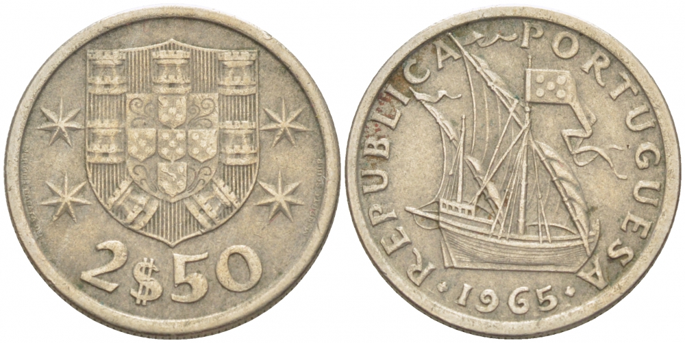 Португалия 2,5 эскудо 1965 парусник KM 590 медно-никель 3718-145