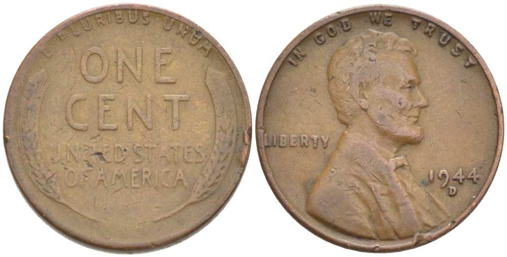 США 1 ЦЕНТ 1944 D, ЛИНКОЛЬН KM А132 медь цинк 218-436