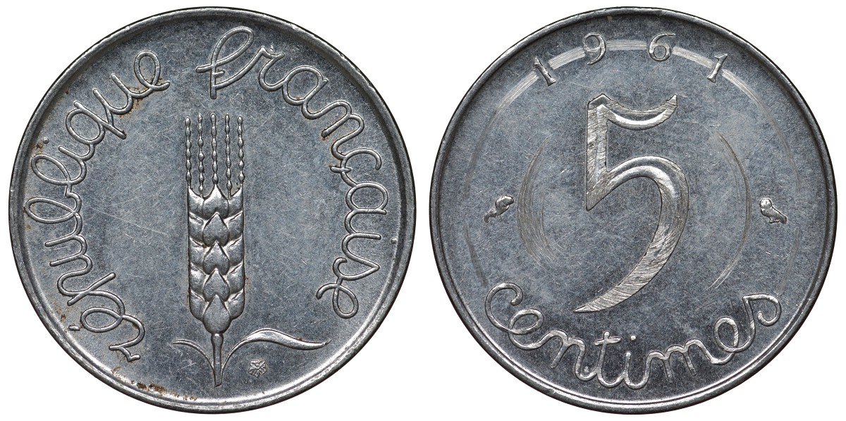 Франция 5 сантимов 1961 KM 927, Le Franc 124.3 хромированная сталь 4128-131