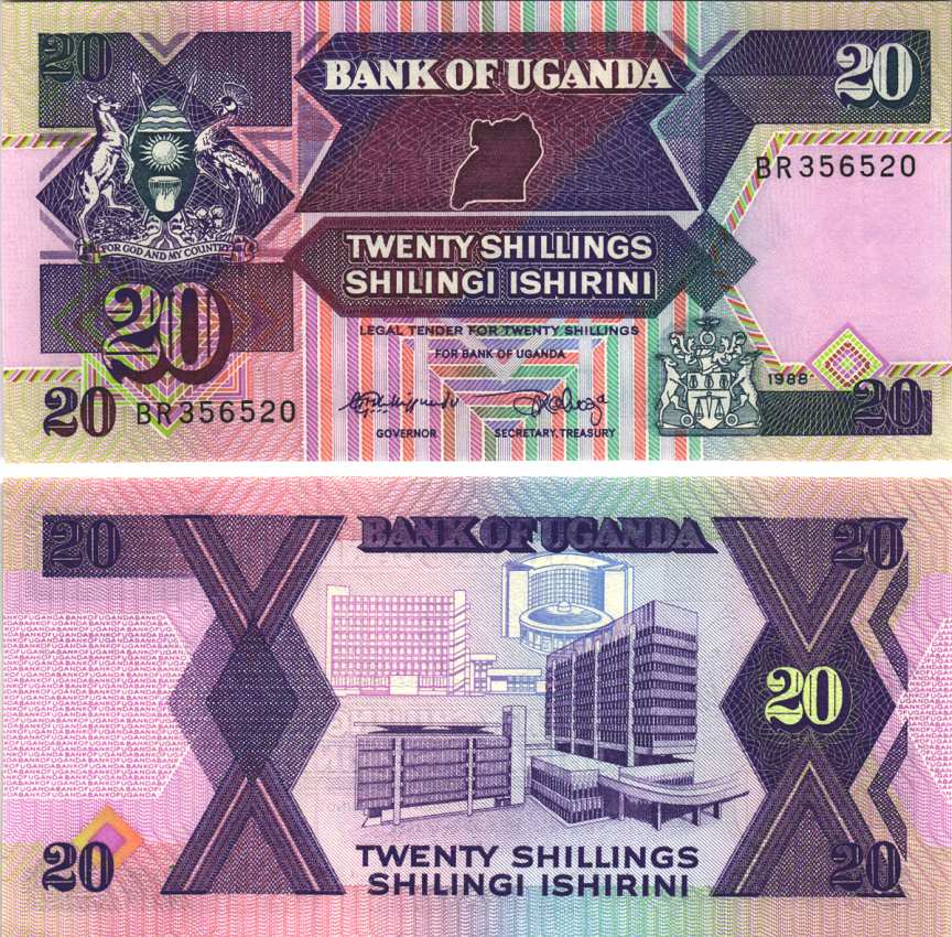 УГАНДА 20 ШИЛЛИНГОВ 1988 Pick 29b бумага UNC (ПРЕСС) 7116-36-1-1