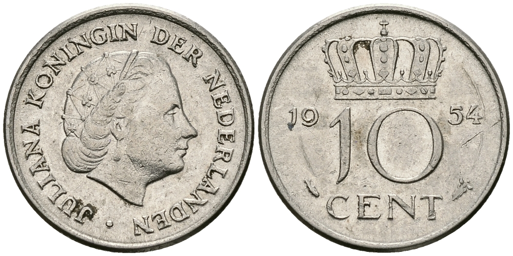 НИДЕРЛАНДЫ 10 ЦЕНТОВ 1954 ЮЛИАНА KM 182 никель 96-516