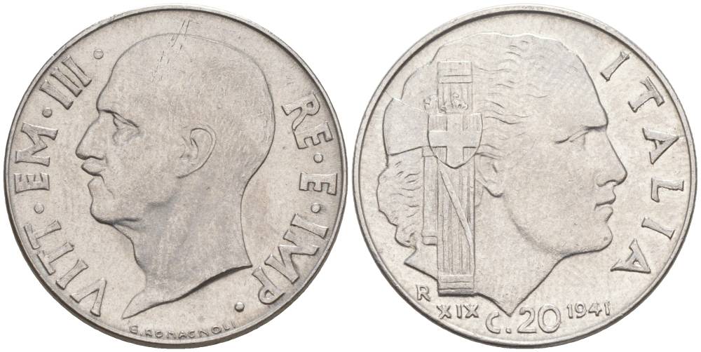 ИТАЛИЯ 20 ЧЕНТЕЗИМО 1941 R, ГОД XIX, ВИКТОР ЭММАНУИЛ III (1900-1946) KM 75b, VEM3. 1028 нержавеющая сталь 3853-551