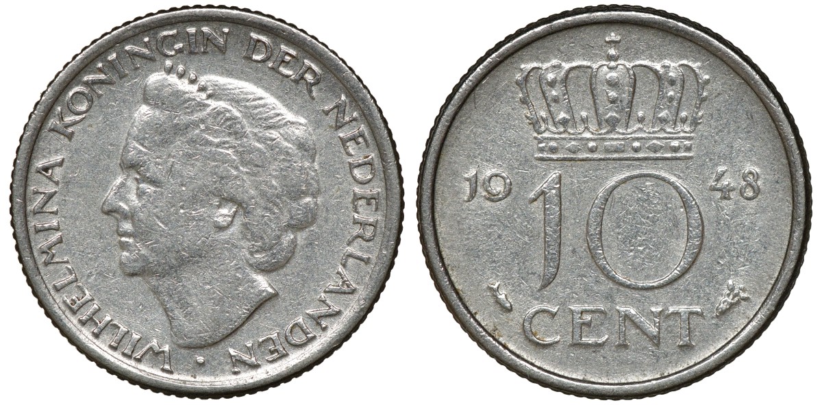 Нидерланды 10 центов 1948 Вильгельмина (1895-1948) KM 177 никель 72-1663