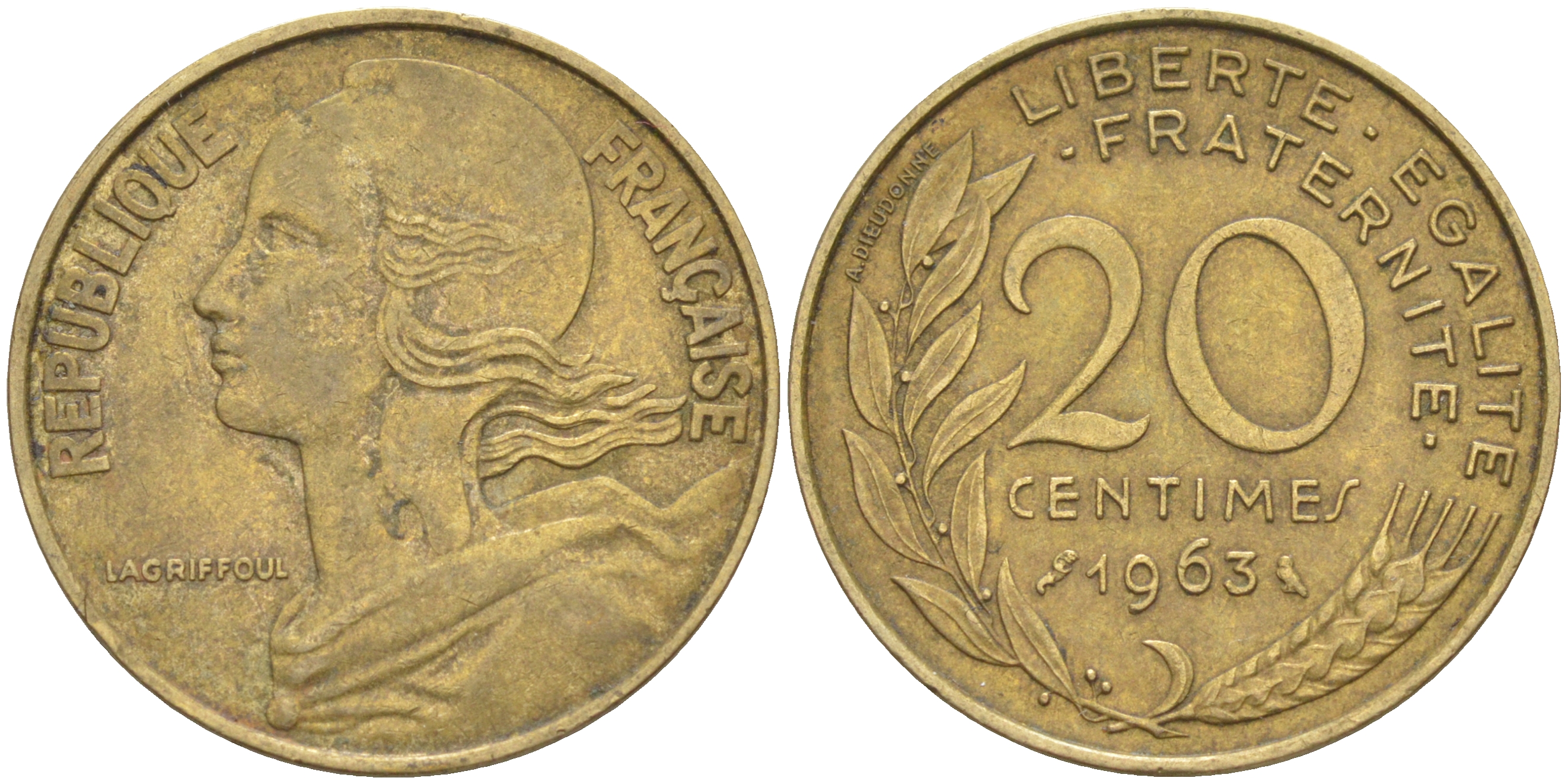 ФРАНЦИЯ 20 САНТИМОВ 1963 ТИП MARIANNE KM 930, Le Franc 156.3 медь алюминий никель 4514-923