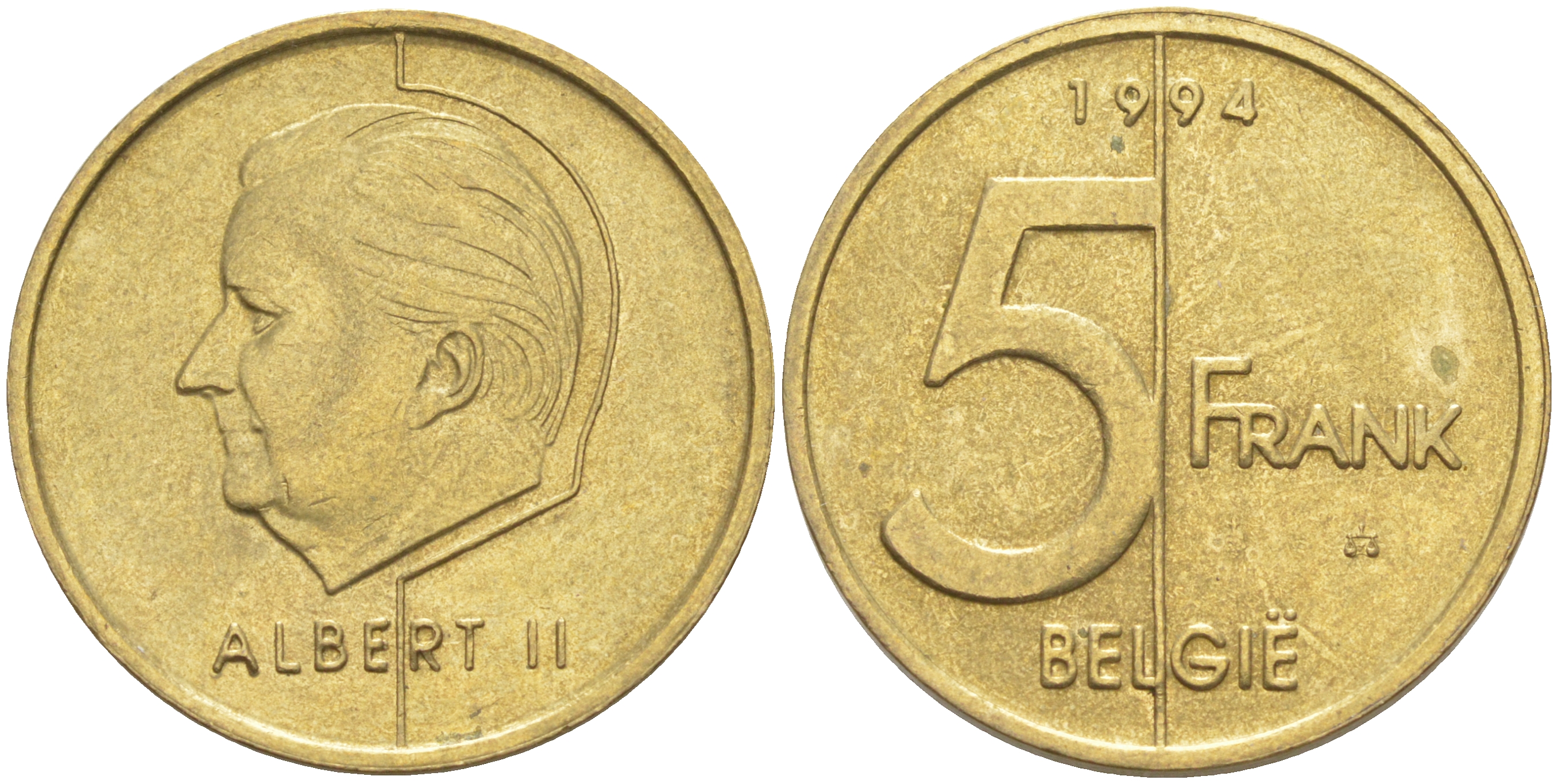 БЕЛЬГИЯ 5 ФРАНКОВ 1994 BELGIE, АЛЬБЕРТ II (1993-) KM 190 алюминиевая бронза 106-557