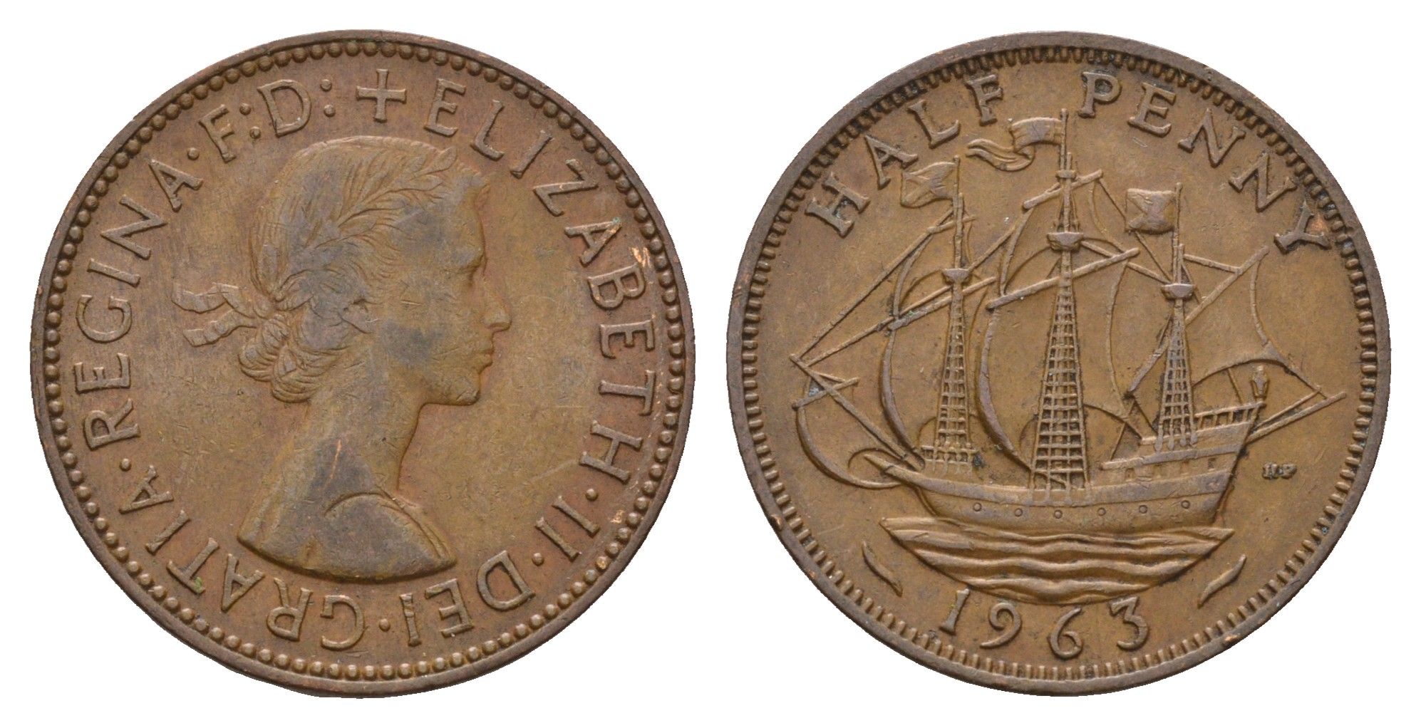 Великобритания 1/2 пенни 1963 Елизавета II (1952-2022) KM 896, Spink 4158 бронза 92-313