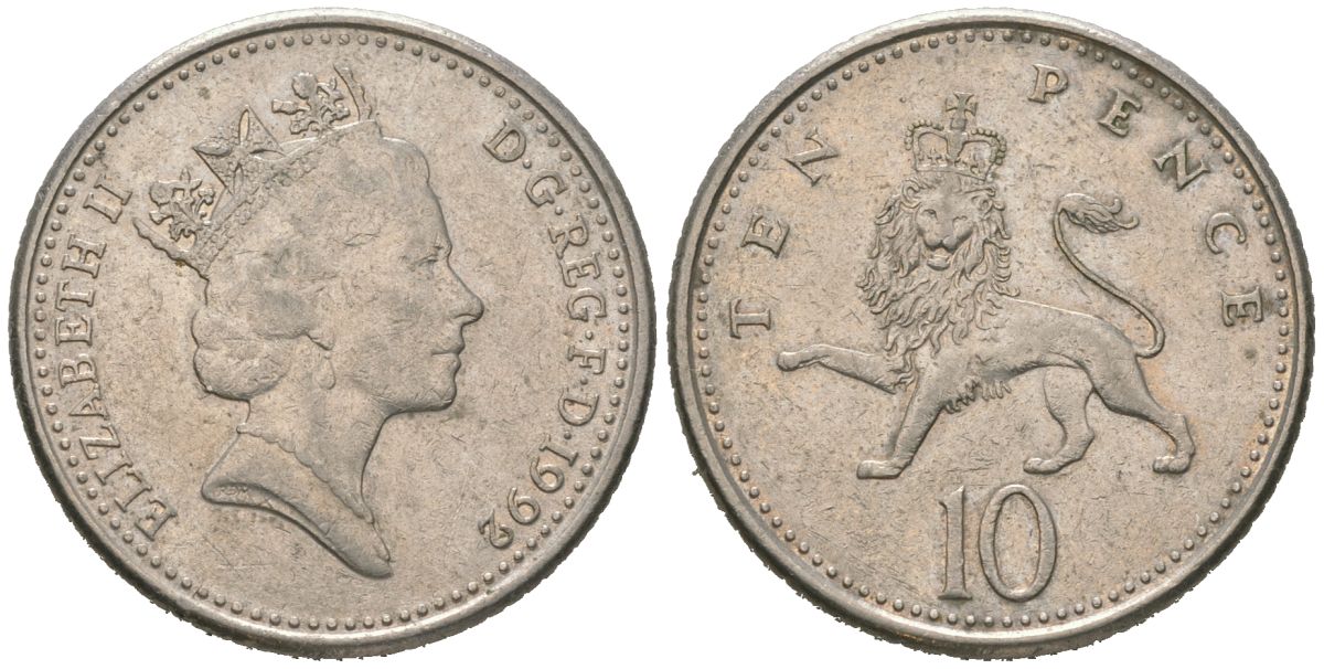 Великобритания 10 пенсов 1992 Елизавета II (1952-2022) KM 938b, Spink 4367 (F4) медно-никель 4604-1051