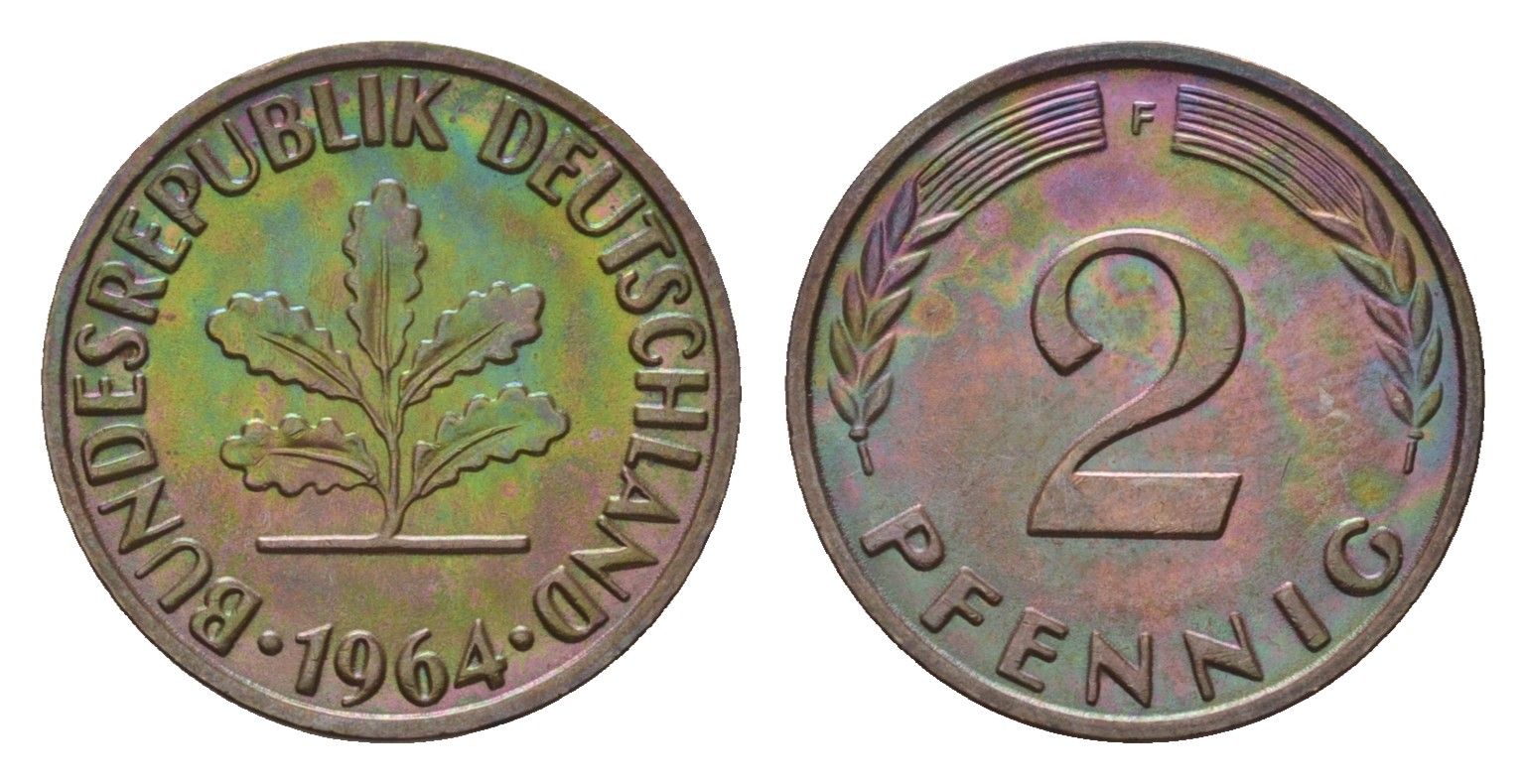 ФРГ 2 пфеннига 1964 F KM 106, J. 381 бронза 4564-1112