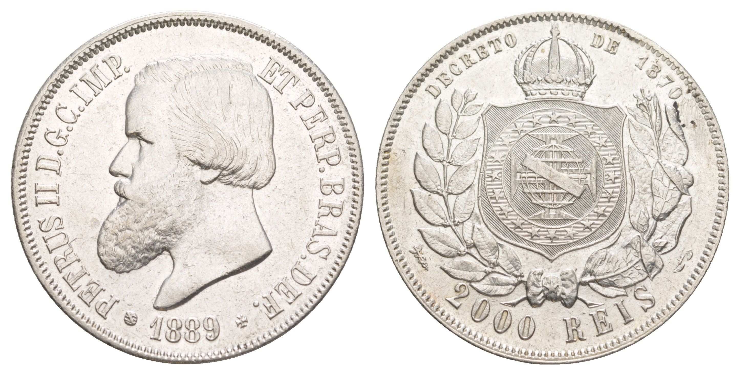 Бразилия 2000 реалов 1889 Педро II (1831-1889) KM 485 серебро 00-804-17