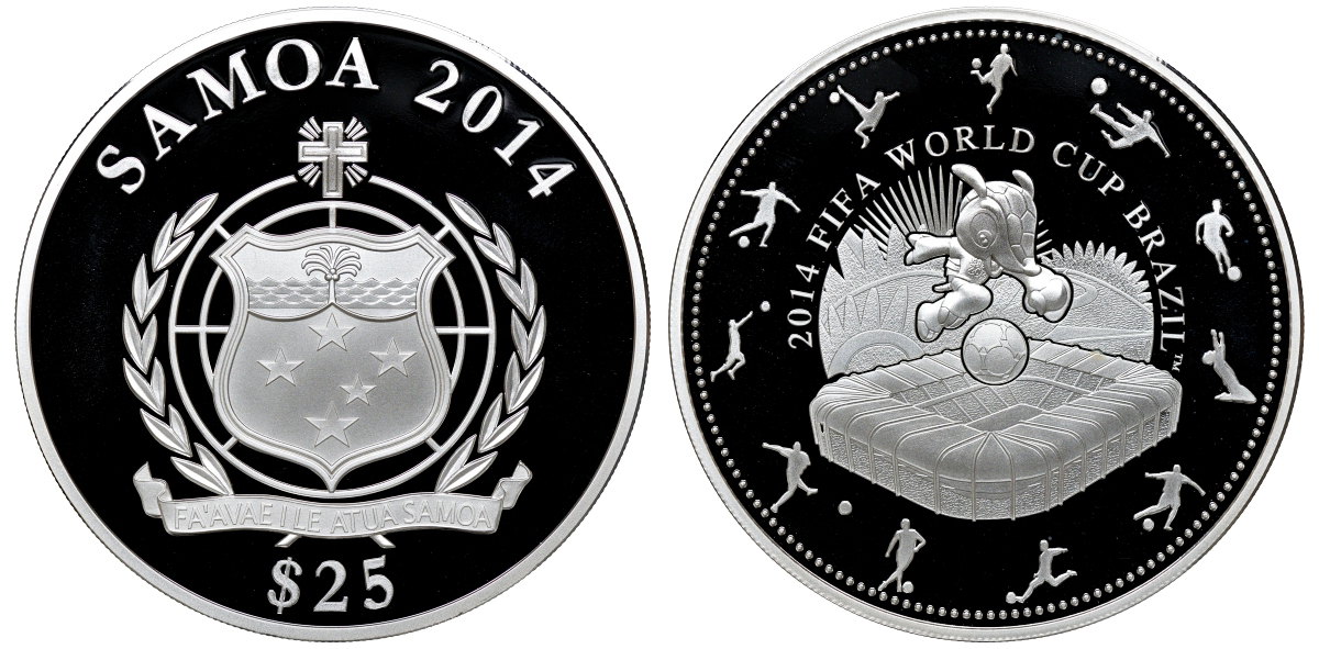 Самоа 25 тала 2014 FIFA, Чемпионат мира по футболу в Бразилии 2014, талисман на поле, 155гр., в оригинальной коробке, с сертификатом KM NEW серебро PROOF 00-000-00
