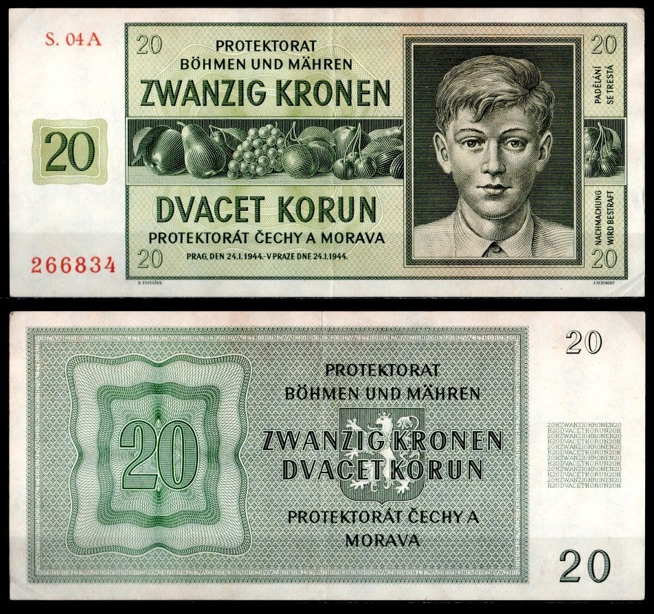 Богемия и Моравия 20 крон 1944 Мальчик, фрукт Pick 9 a(1) бумага 451-1045-2
