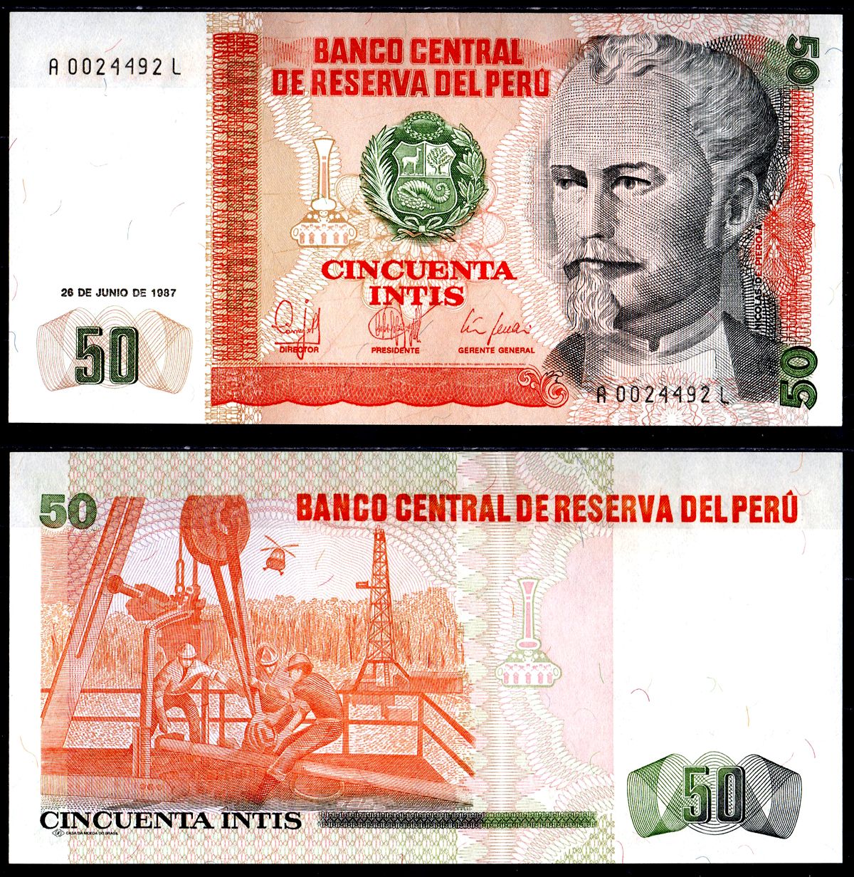 Перу 50 инти 1987 Николас де Пьерола, президент Pick 131 b бумага UNC (пресс) 6278-45-3-1