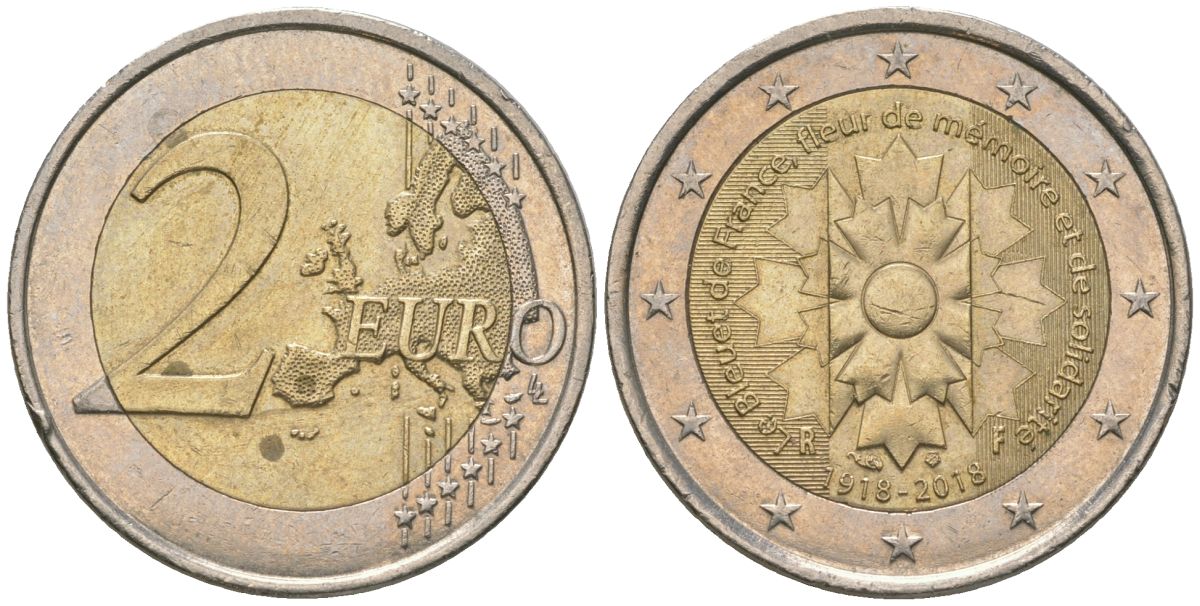 Франция 2 евро 2018 100 лет окончанию Первой Мировой войны биметалл 4606-1232