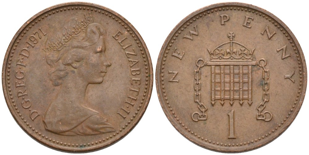 Великобритания 1 пенни 1971 Елизавета II (1952-2022) KM 915, Spink 4237 (B1) бронза 4567-855
