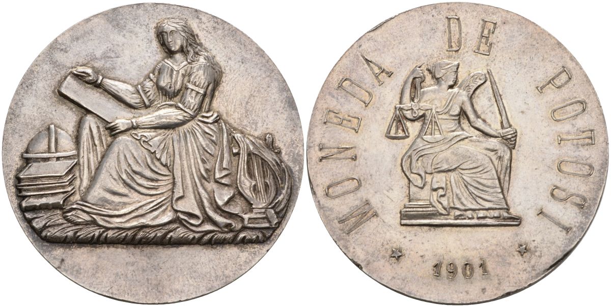 Боливия медаль 1901 moneda de potosi, богиня справедливости с мечом, муза истории, диаметр 47 мм., вес 53 гр. белый металл 00-00