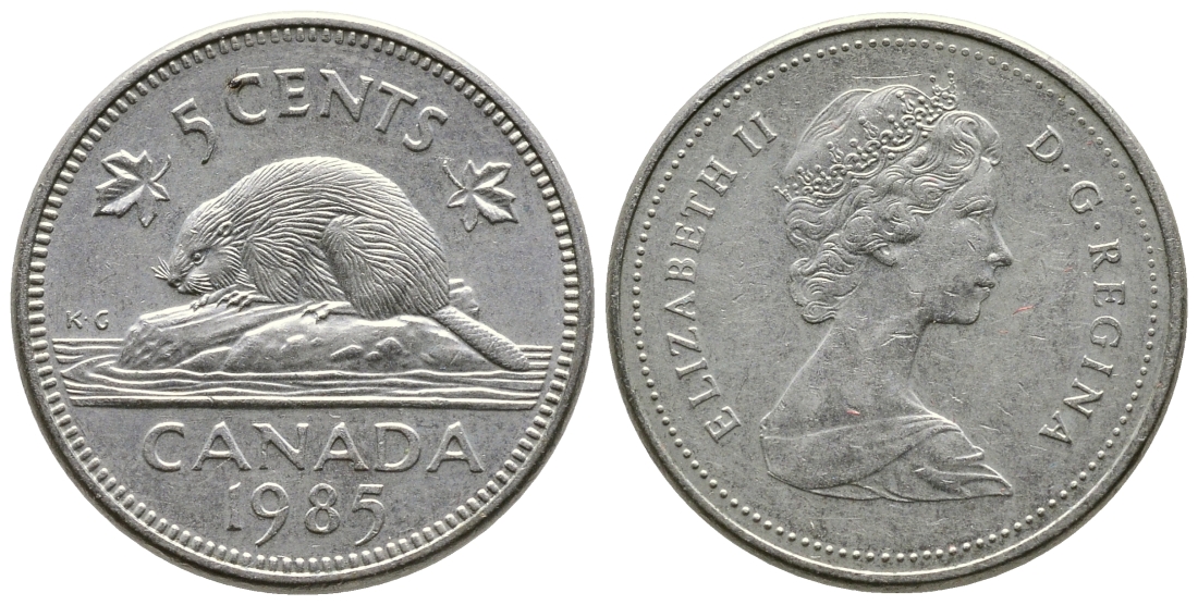 КАНАДА 5 ЦЕНТОВ 1985 ЕЛИЗАВЕТА II, БОБЕР KM 60.2а медно-никель 4364-2626