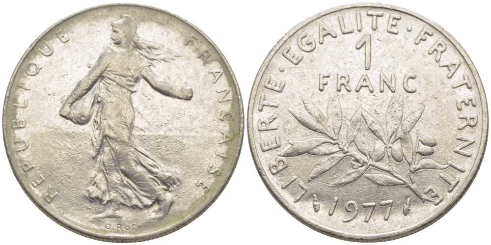 ФРАНЦИЯ 1 ФРАНК 1977 СЕЯТЕЛЬ KM 925.1, LE FRANC 226.22 никель 175-542