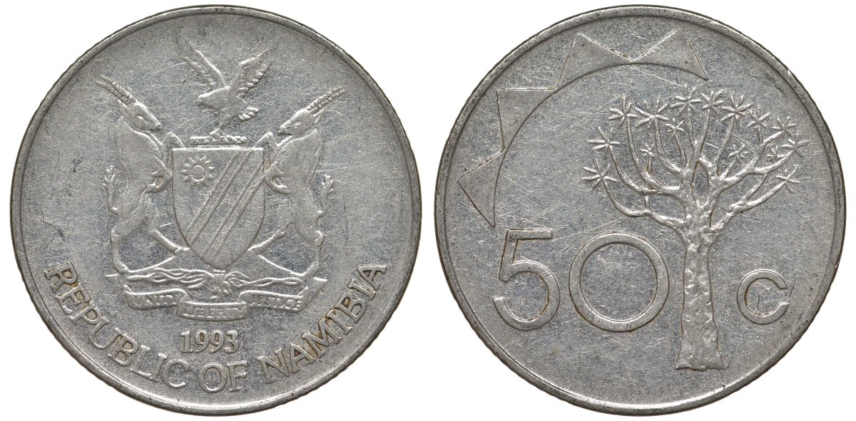 Намибия 50 центов 1993 дерево KM 3 никелированная сталь 4163-1141
