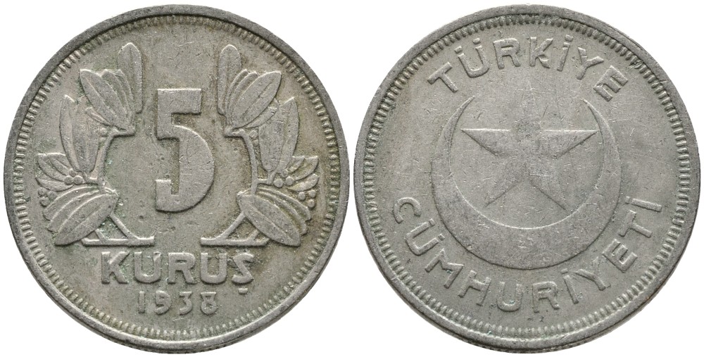 ТУРЦИЯ 5 КУРУШЕЙ 1938 KM 862 медно-никель 4541-245