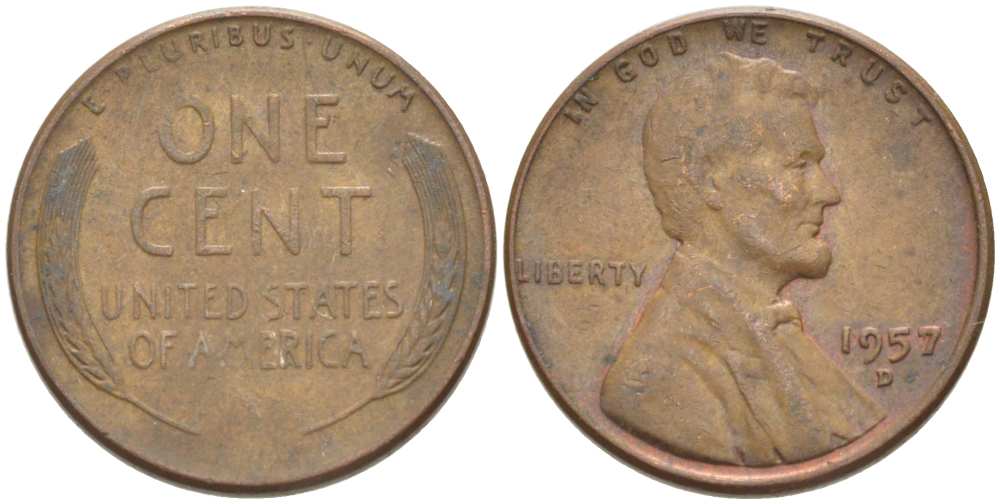США 1 ЦЕНТ 1957 D, ЛИНКОЛЬН KM А132 медь цинк 218-314