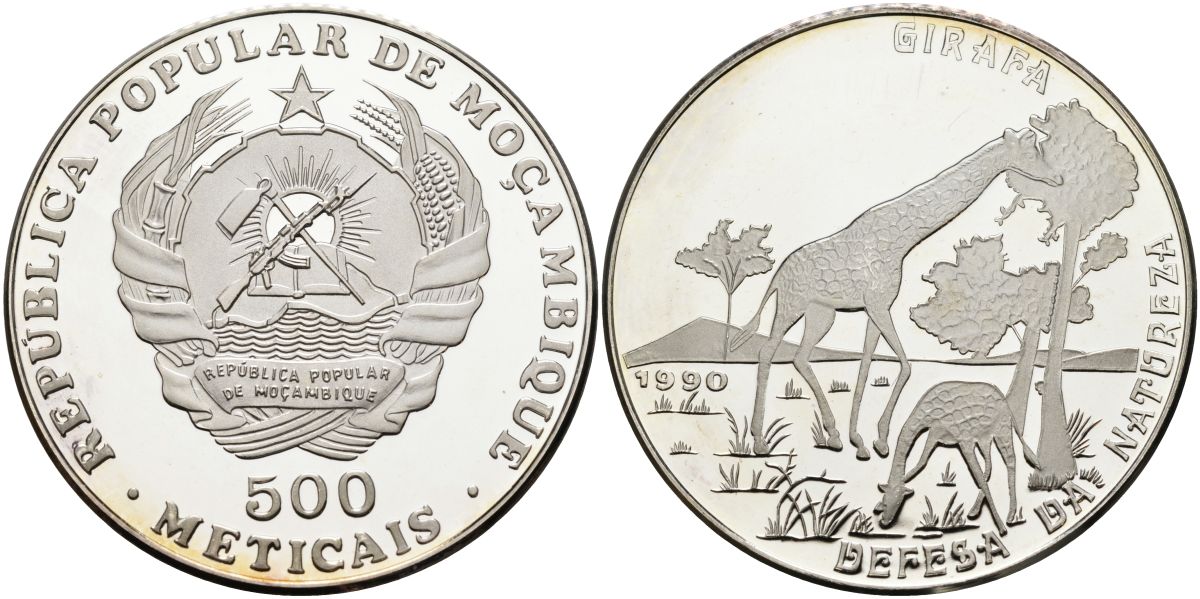 Мозамбик 500 метикалей 1990 серия защита окружающей среды, жирафы, тираж 2500 экз. KM 113 серебро PROOF 1098-2-64