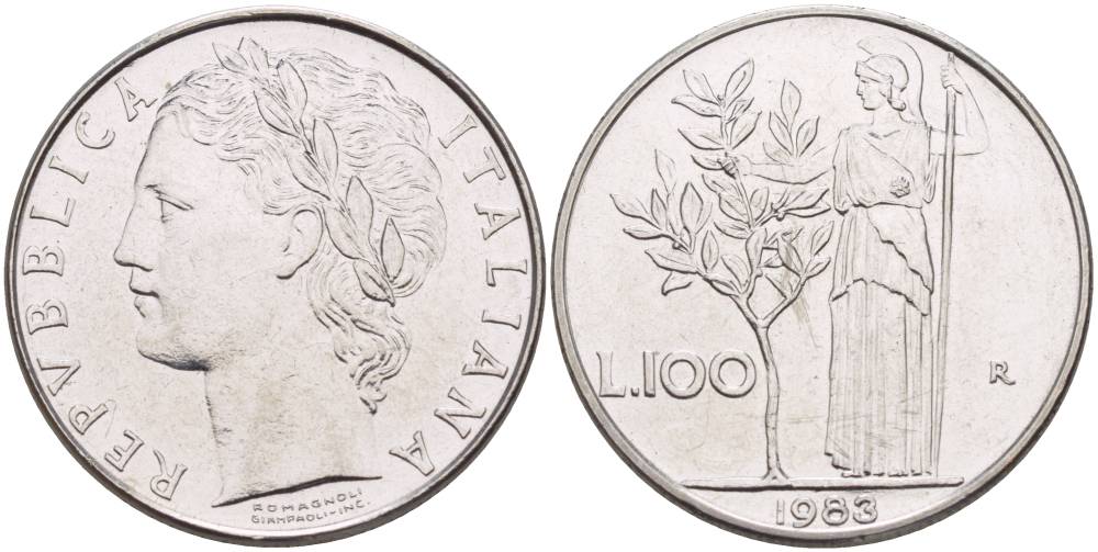 ИТАЛИЯ 100 ЛИР 1983 R, АФИНА У ОЛИВКОВОГО ДЕРЕВА KM 96.1 нержавеющая сталь 4545-724