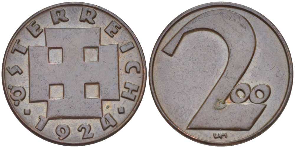 Австрия 200 крон 1924 Республика, денежная реформа KM 2833 бронза  201-168