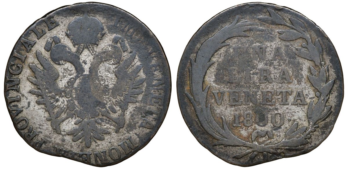 Венеция 1 лира 1800 городской выпуск периода оккупации, биллон С 160 серебро 1528-233