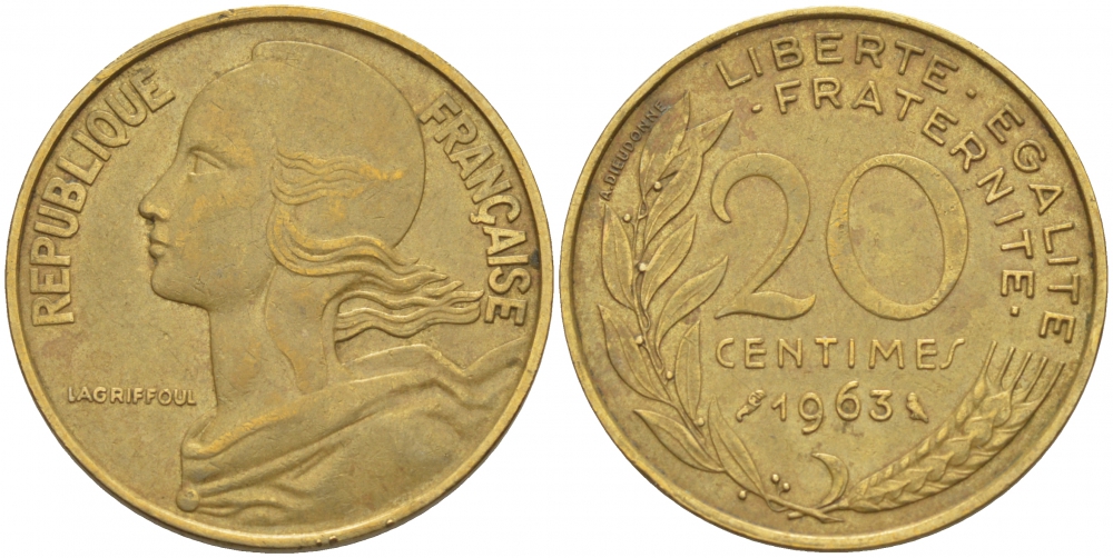 ФРАНЦИЯ 20 САНТИМОВ 1963 KM 930 медь алюминий никель 3856-1111