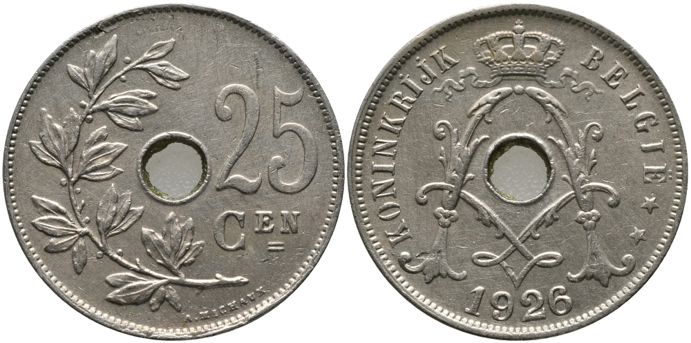 БЕЛЬГИЯ 25 САНТИМОВ 1926 BELGIE KM 69 медно-никель 91-511