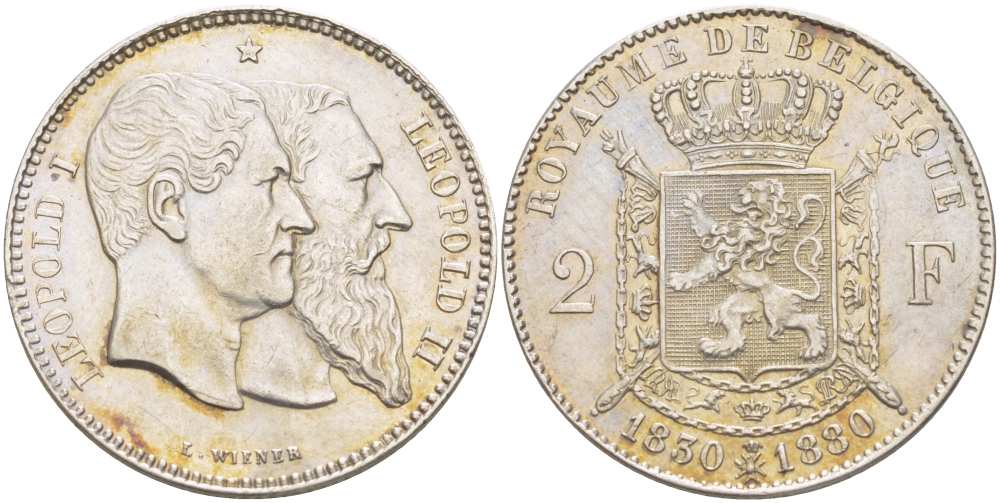 Бельгия 2 франка 1880 50 лет независимости (1830-1880) Леопольд  I и Леопольд II KM 39 серебро 00-00