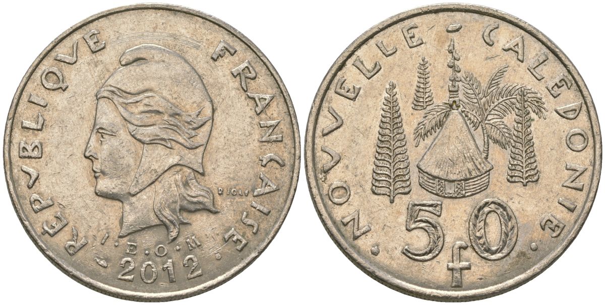 Французская Новая Каледония 50 франков 2012 хижина среди сосен и пальм, (IEOM) KM 13a, Schoen 15a, Lec 128i медно-никель 115-1123