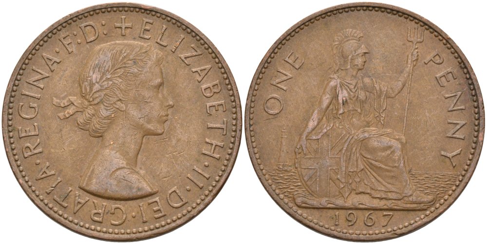 Великобритания 1 пенни 1967 Елизавета II (1952-2022) KM 897, Spink 4157 бронза 4574-325