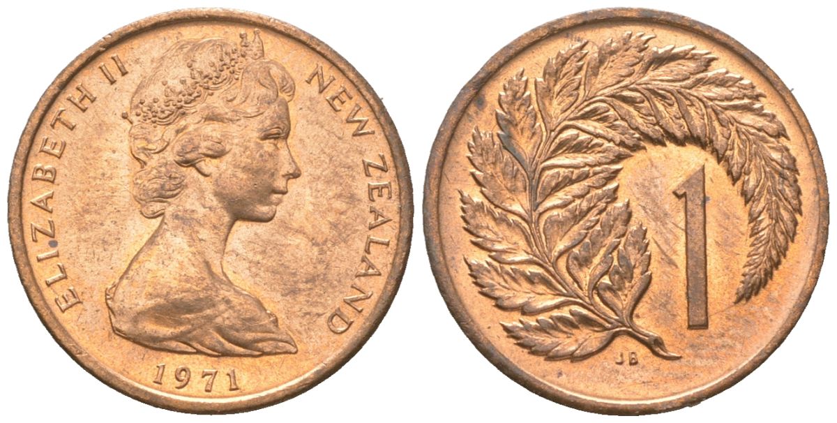 Новая Зеландия 1 цент 1971 Елизавета II (1952-2022), лист папоротника KM 31.1 бронза UNC 4611-424