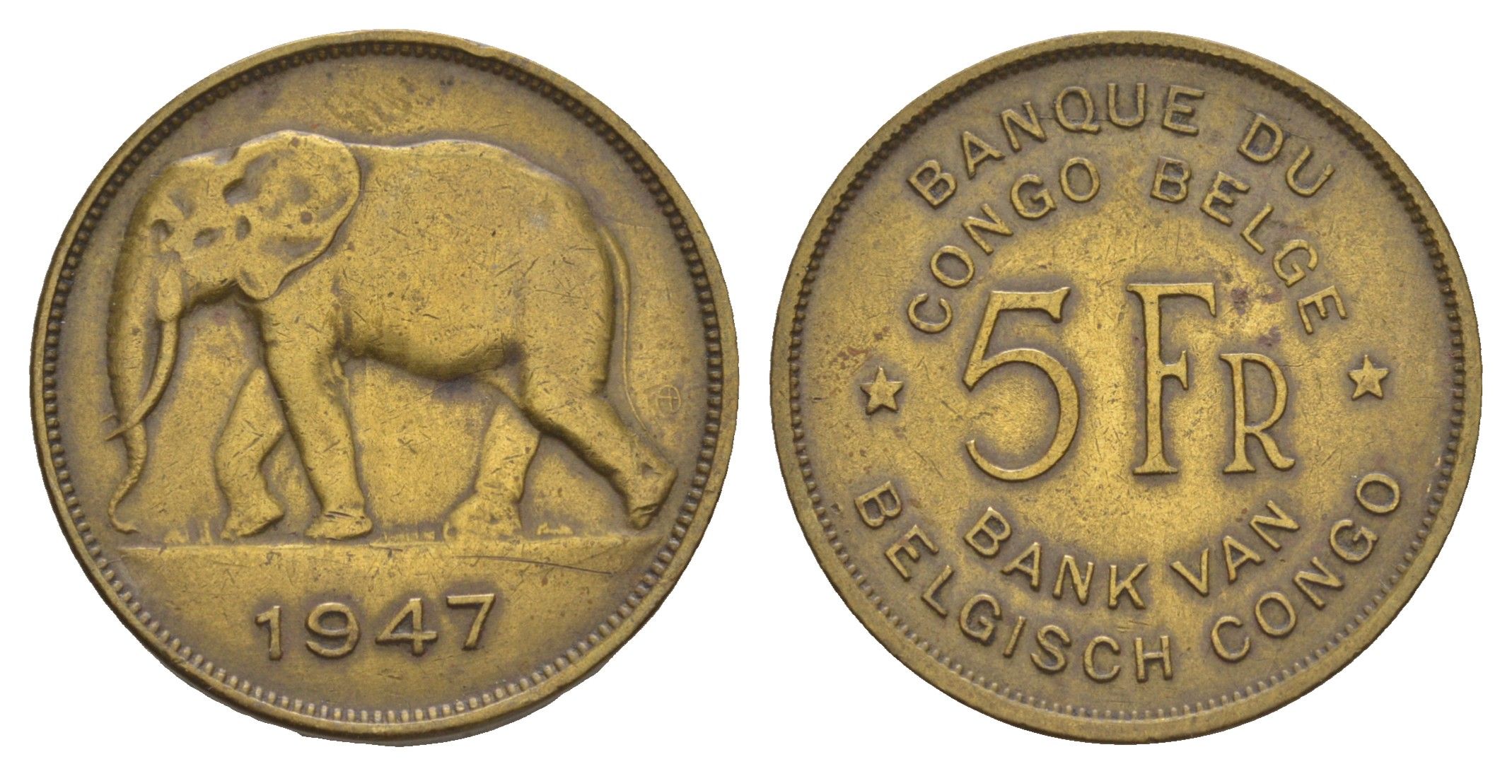 Бельгийское Конго 5 франков 1947 Леопольд III (1934-1951), год-тип KM 29 латунь 1519-542