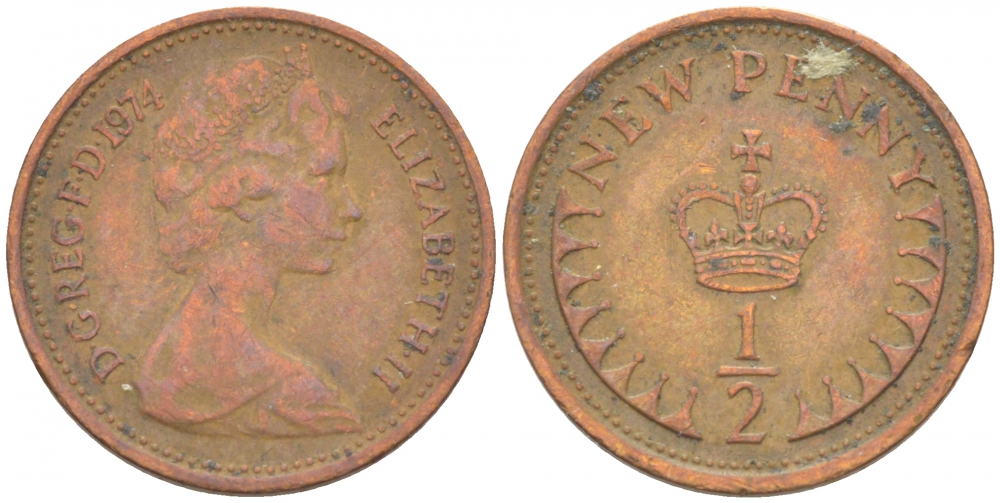 Великобритания 1/2 пенни 1974 Елизавета II (1952-2022) KM 914, Spink 4239 бронза 3851-1159