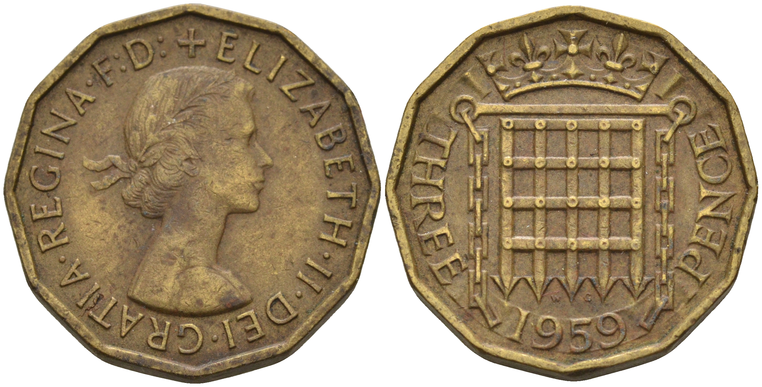 Великобритания 3 пенса 1959 Елизавета II (1952-2022) KM 900, Spink 4153 никель латунь  4603-134