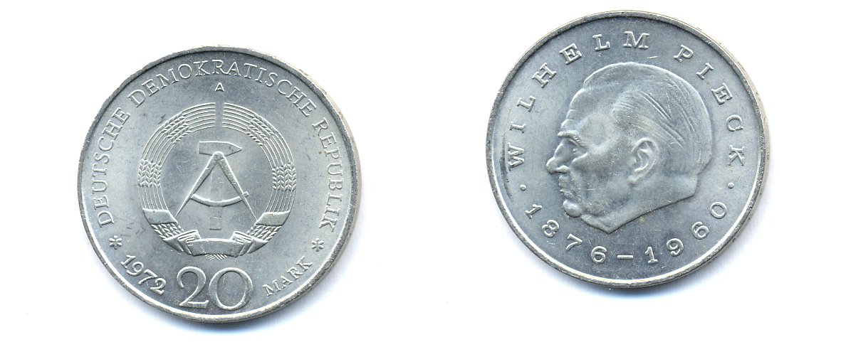 ГДР 20 марок 1972 А, Вильгельм Пик (1876-1960) KM 42 медно-никель 3333-416