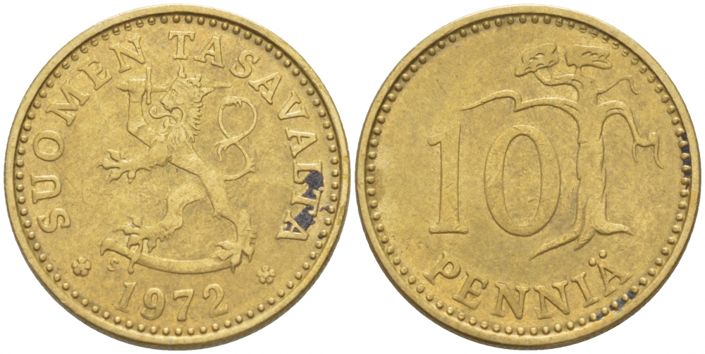 ФИНЛЯНДИЯ 10 ПЕННИ 1972 S КМ 46 алюминиевая бронза 3309-268