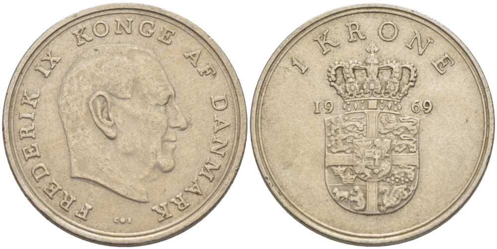 ДАНИЯ 1 КРОНА 1969 C; S, ФРЕДЕРИК IX (1947-1972) KM 851.1 медно-никель 95-725