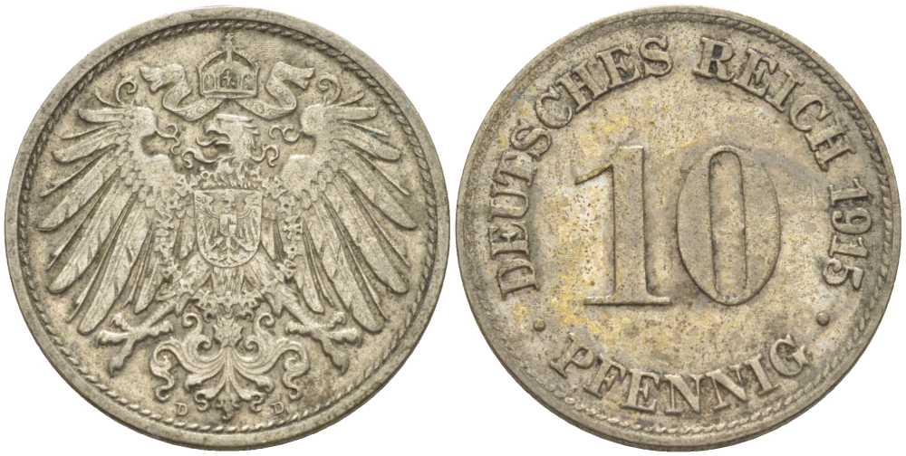 ГЕРМАНИЯ 10 ПФЕННИГОВ 1915 D KM 12, J. 13, Weege 8 медно-никель 212-322